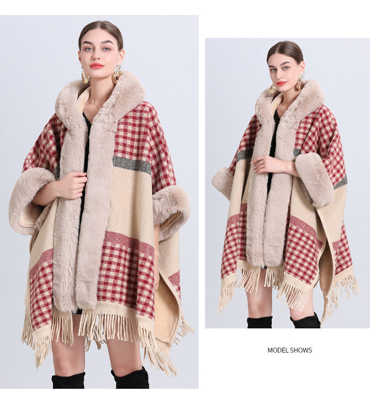 Loose and fleece thick woolen collar hooded fringe knitted shawl cape plus-size woolen coat_voghion.com