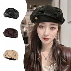 日本製プリーツベレー帽女性の秋と冬防風レトロ個性ファッションペインターハットトレンディな高品質八角形帽子