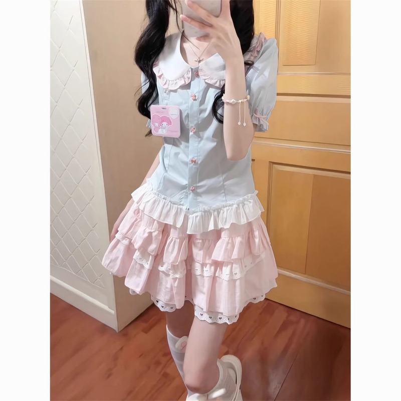 夏季新款韩系可爱少女一整套穿搭粉色蛋糕裙女搭配蓝色娃娃领上衣|undefined