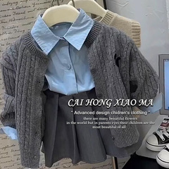 韓國童裝女童學院風套裝春秋裝兒童洋氣針織馬甲翻領襯衫百褶裙jk