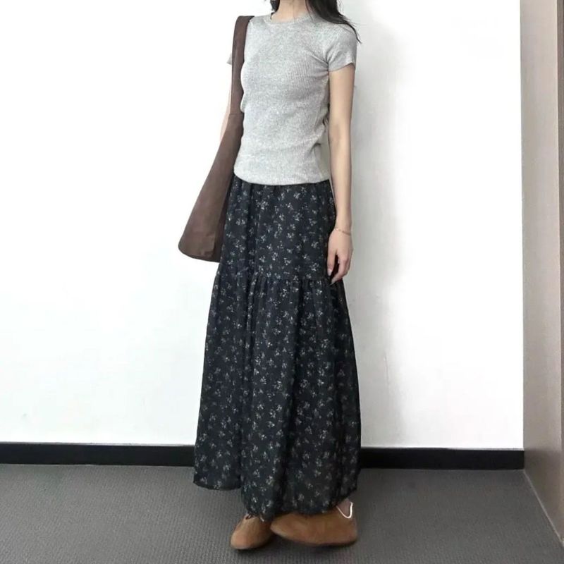 藏青色碎花半身裙女中长款2025新款春夏高腰显瘦小个子a字蛋糕裙|undefined
