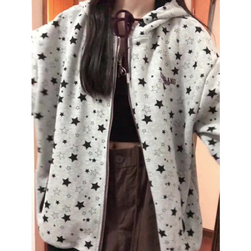美式高级感星星满印灰色连帽卫衣女秋冬小众休闲宽松拉链开衫外套|undefined