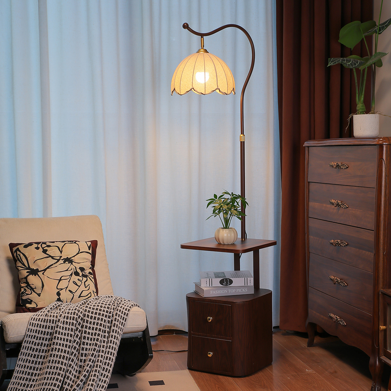 Floor Lamp with Solid Wood Bedside Stand, Integrated Floor-Standing Vintage-Style Bedroom Lamp with a High-End Feel, Ambient Table Lamp Next to the Sofa in the Living Room