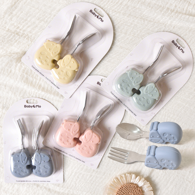 Baby Learn to Eat Cartoon Training Fork Spoon Baby Children Fork Spoon Short Handle Self-eating 316 Stainless Steel Anti-fall