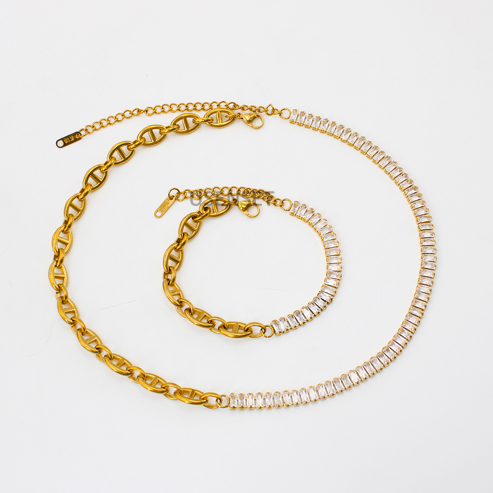 Hip-Hop Geometric Stainless Steel Inlay Zircon Bracelets Necklace