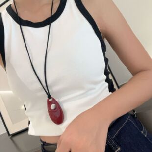 South Korea Blogger Ins Same Style Distinctive Resin wine red Long Water Drops Distinctive All-Match Woolen Chain Necklace