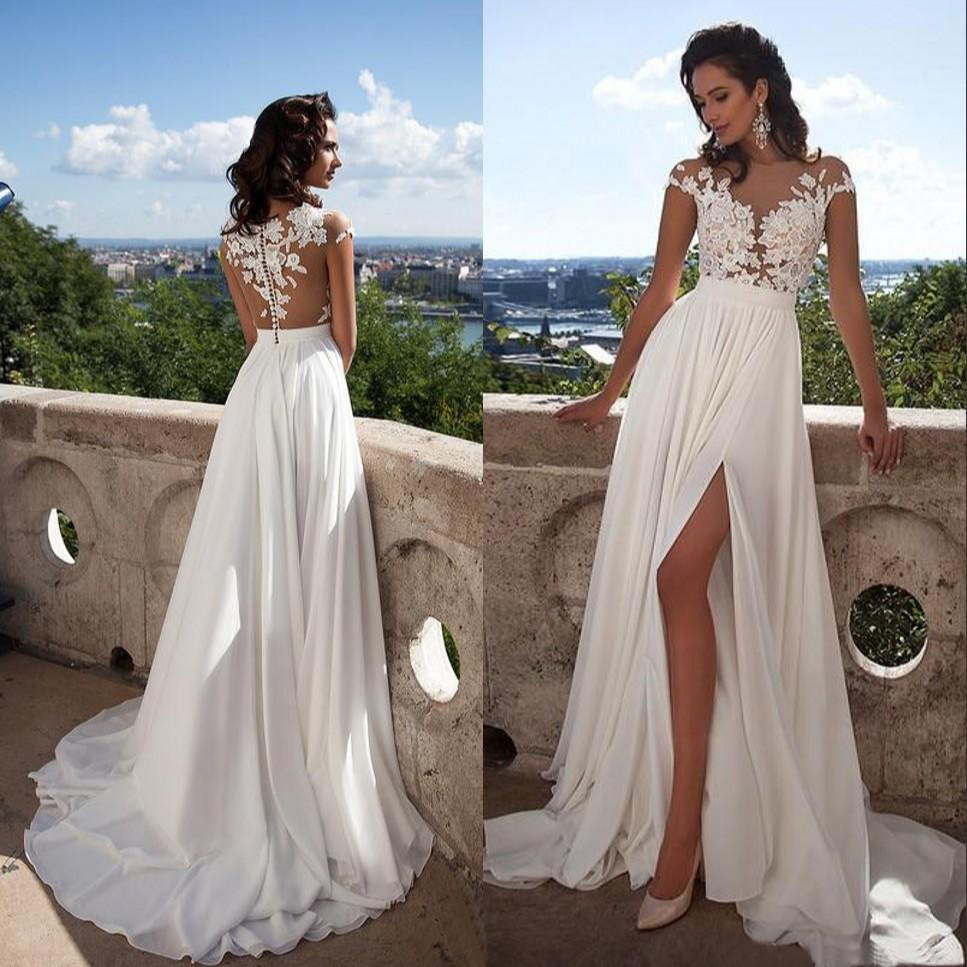 Wholesale European and American Wedding Dress 2025 New Slim Shoulder Round Neck See-Through Small Tail Bridal Beach Gauze Large Size