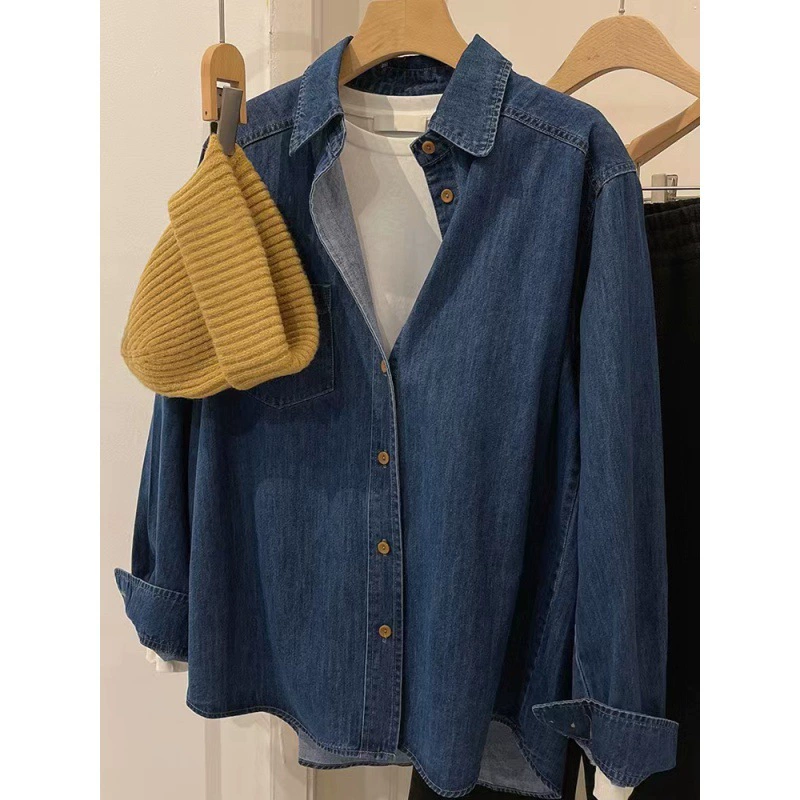 Весна и осень женская выстиранная синяя джинсовая рубашка 2023 новая куртка-рубашка с нишевым дизайном на внутренних плечах