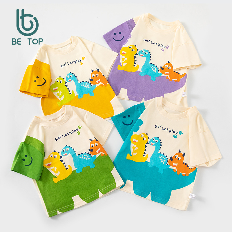 Betop ropa para niños transfronterizos camiseta de manga corta para niños dibujos animados dinosaurio verano nuevo niño ropa de bebé cabello de una pieza