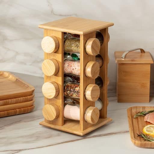 Estante de condimento rotatorio multicapa de bambú, estante de condimento cuadrado de la cocina doméstica, estante de condimento multilatas transfronterizo simple