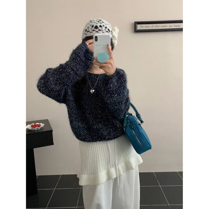 韩系高端精致圆领纯色高级感慵懒风宽松显瘦长袖短款针织毛衣女|undefined