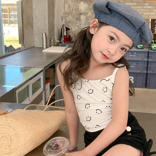 Children's Clothing 2024 Summer Baby Girl Hot Girl Vest Top Girls Design Sleeveless T-Shirt Girls Smiling Face Backless Suspenders