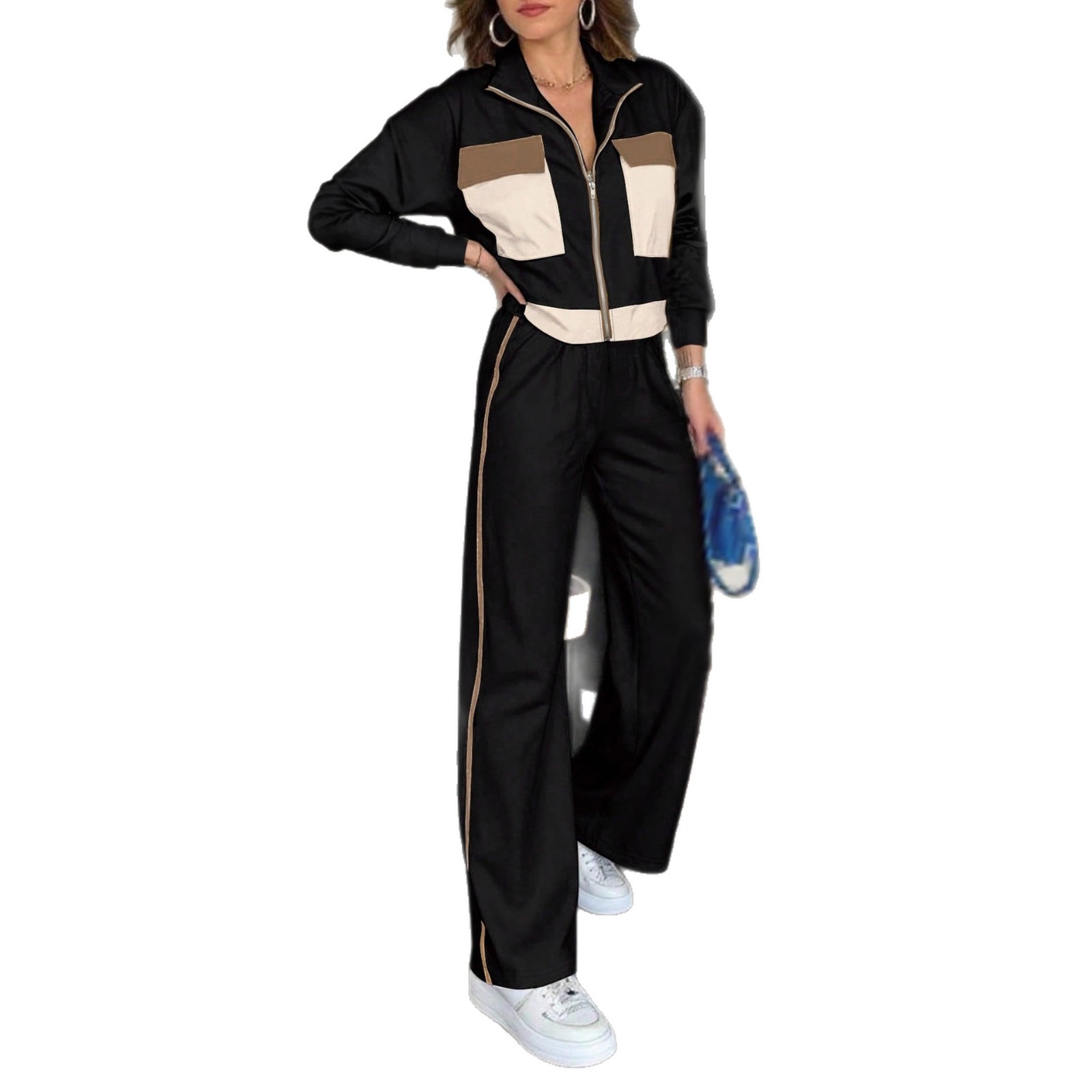 Women's Color Block Two Piece Set Long Sleeved Top Elastic Waist Straight Leg Trousers_ecoleips.com