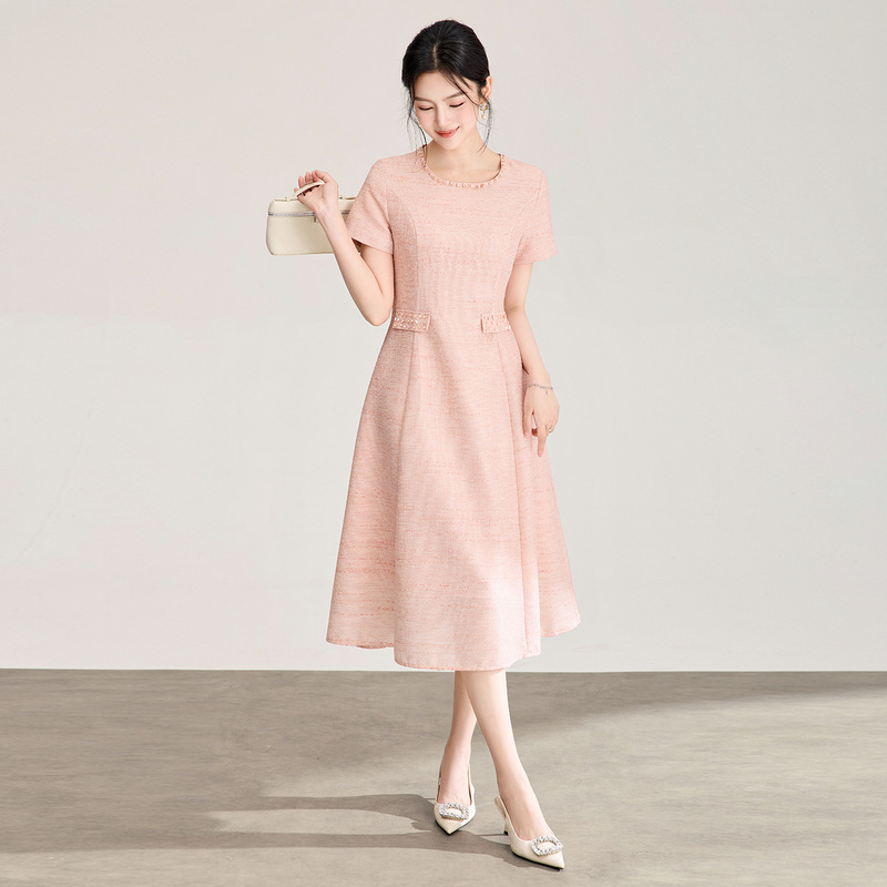 2604713-[Exclusive] Nanyou Women's Shiny Silk Woven Beaded Short-Sleeve Chanel-Style Mid-Length Dress