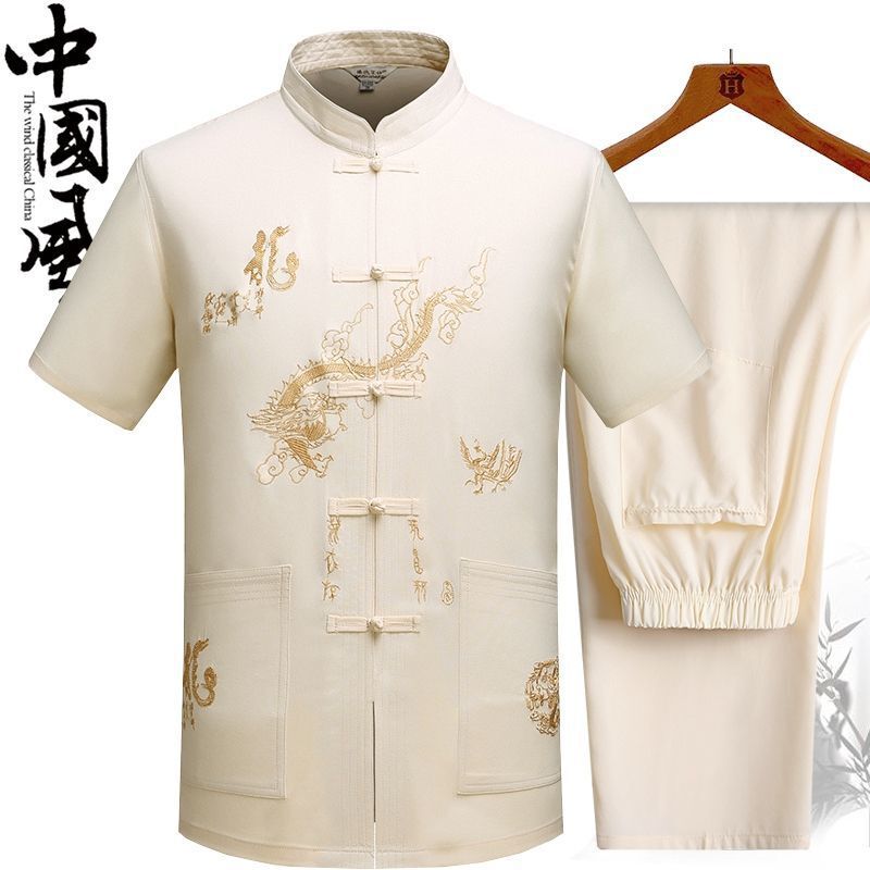 Tang Suit Middle-aged and Elderly Men's Clothing Hanfu Summer Dad Short-sleeved Shirt suit Grandpa plus size Old Man Tai Chi Morning Exercise Clothes