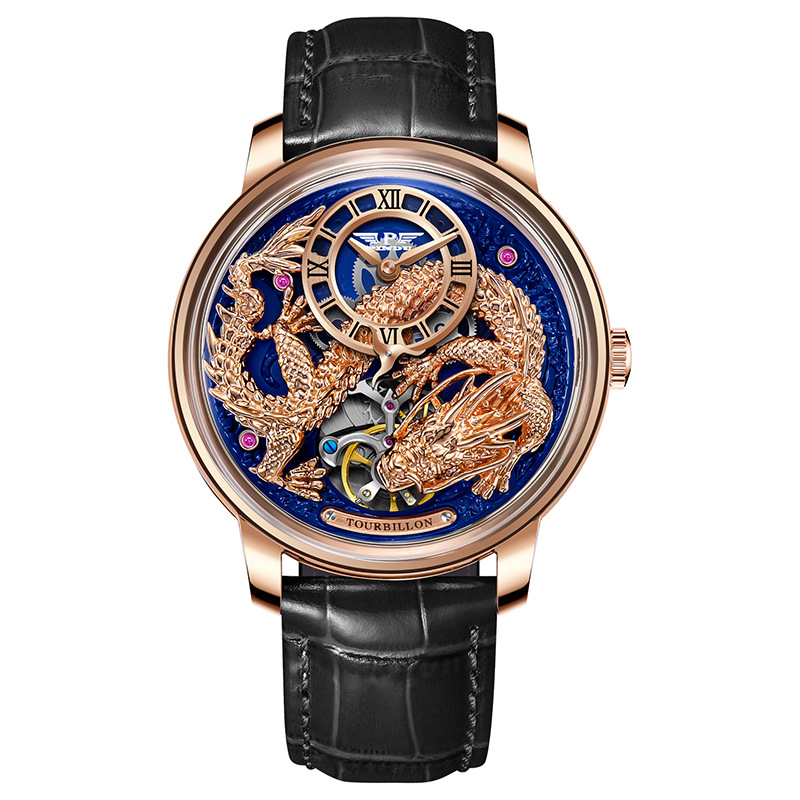 Đồng hồ nam automatic lộ máy chống nước dây da — Hoa hồng vỏ hoa hồng da đen, Hồng vỏ Hồng Long Blue Skin, Hoa hồng vỏ hoa hồng da xanh, Hồng Shell Green Dragon Da đen