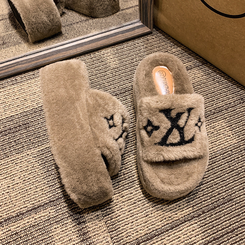 8cm Thick-Soled Letter Furry Slippers for Women 2024 Autumn and Winter New Outer Wear Small Fragrant Style Heightening One-Word Cotton Slippers for Women