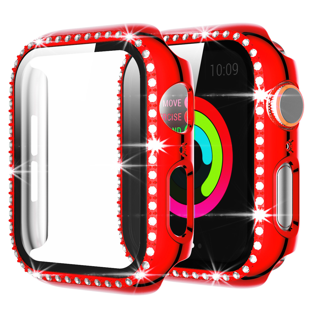 适用苹果通用手表壳apple watch电镀镶钻保护套+钢化膜一体手表壳