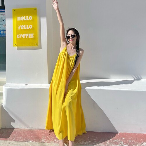 Beach Vacation Sexy Backless Strappy Dress for Women Summer Loose A-Line Skirt Gentle Yellow Long Dress