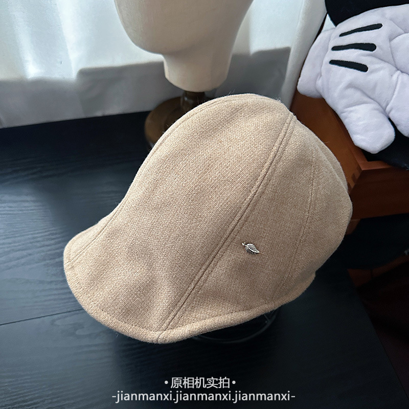 软檐毛呢纯色鸭舌帽子女秋冬时尚显脸小贝雷帽简约百搭保暖前进帽|undefined