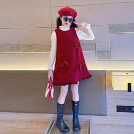女童红色连衣裙套装高级感2026秋冬新款儿童红色裙子过年衣服冬装