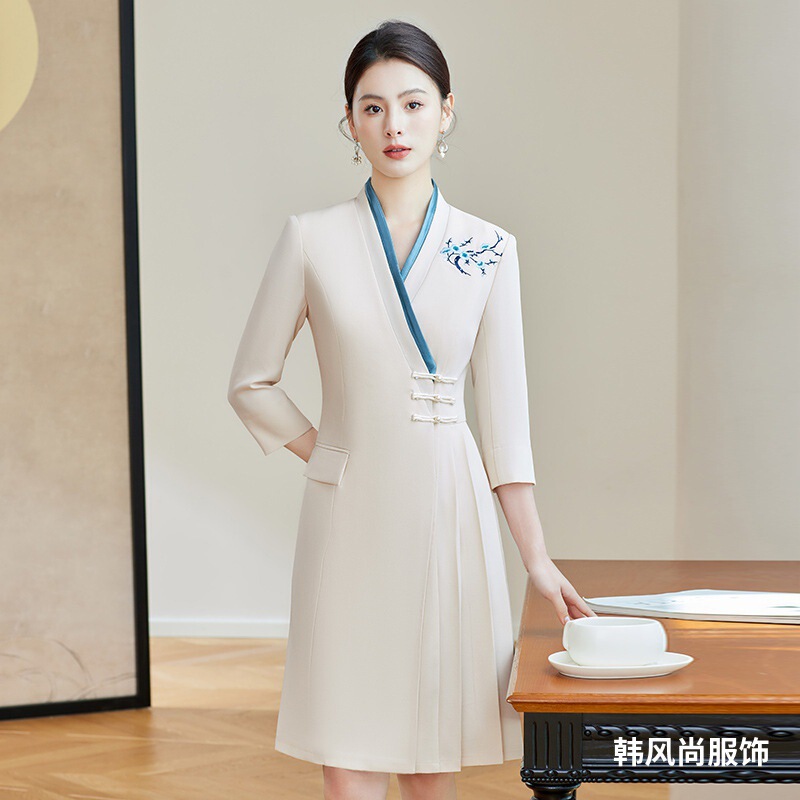 New Chinese Style Professional dress Women's High-end Exquisite Waist Embroidery Sales Tea Artist Hanfu Beauty Salon Work Clothes