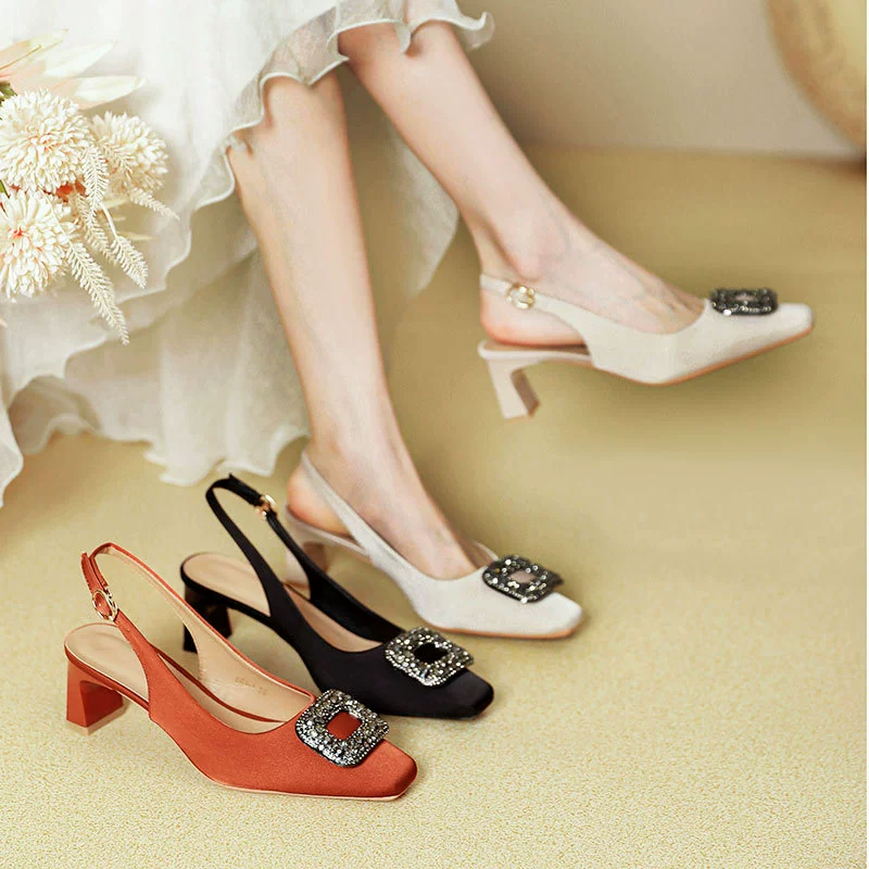 Женские босоножки на высоком каблуке с носком, лето 2022, новый стиль, туфли на высоком каблуке с пряжкой и стразами, пустые туфли на толстом каблуке с квадратным носком сзади