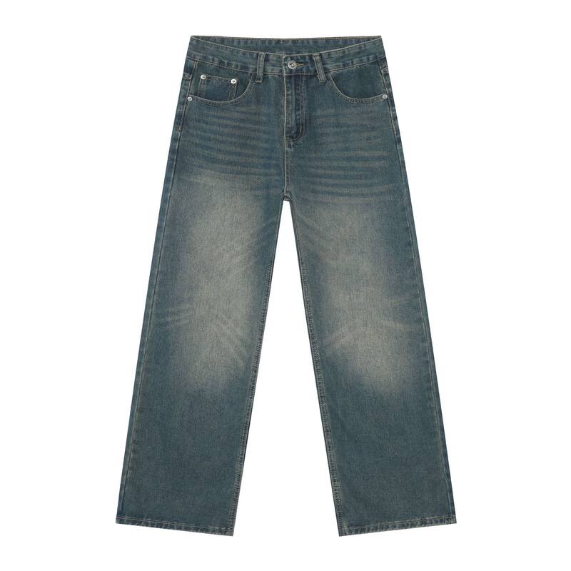 Quần jean nam ống rộng suông thẳng phong cách Mỹ, denim wash đơn giản — màu xanh, màu xanh nhạt