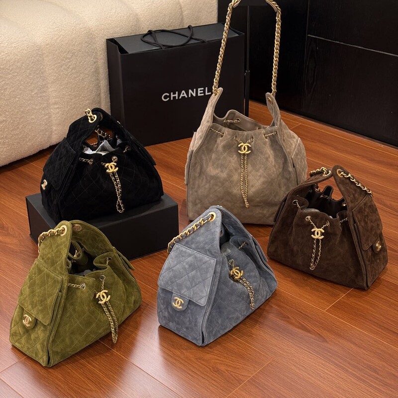 Cross-Border 25Bag Suede Hobo Underarm Genuine Leather Matte Tote Bag Chanel-Style Quilted Chain Drawstring Bucket Bag