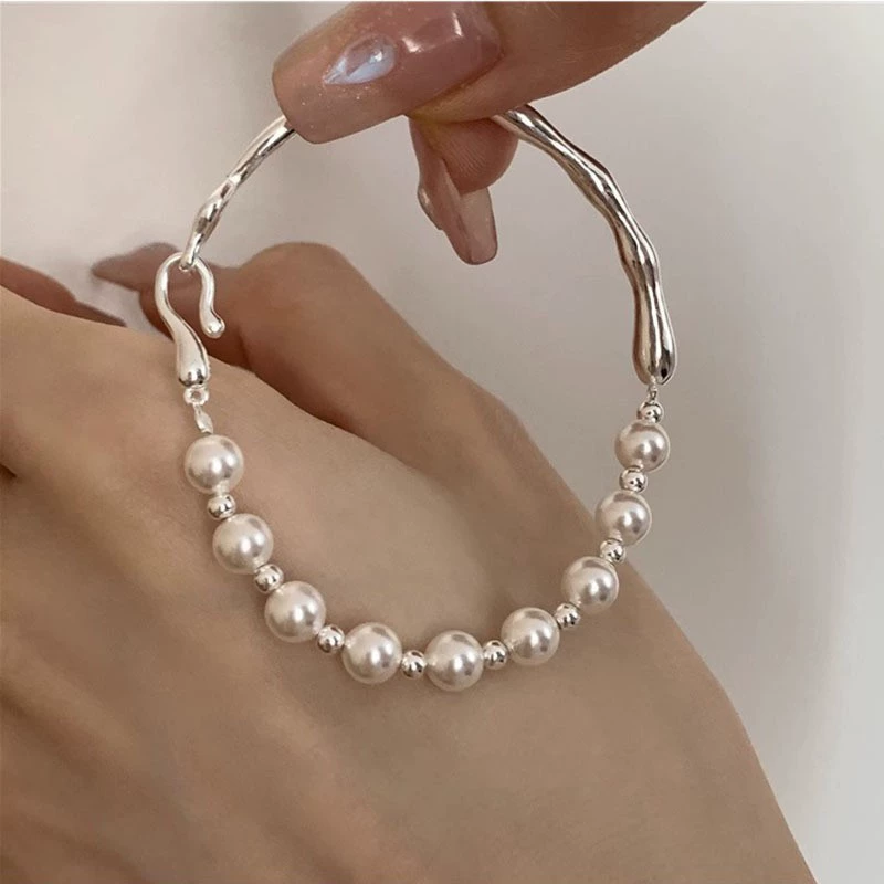 Silver 925 Pearl Bracelet, Minimal Beaded Design, Adjustable 12 cm