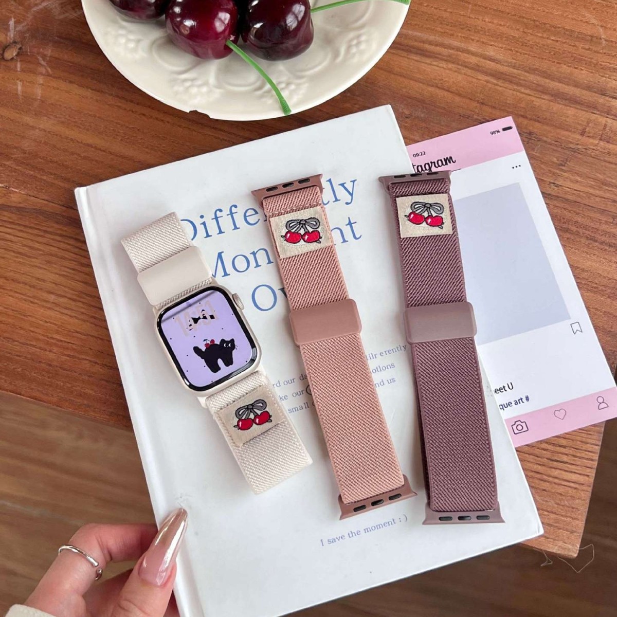 Suitable for applewatch Apple Watch iwatch678910 Generation SE Cherry Nylon Magnetic Buckle Strap for Women