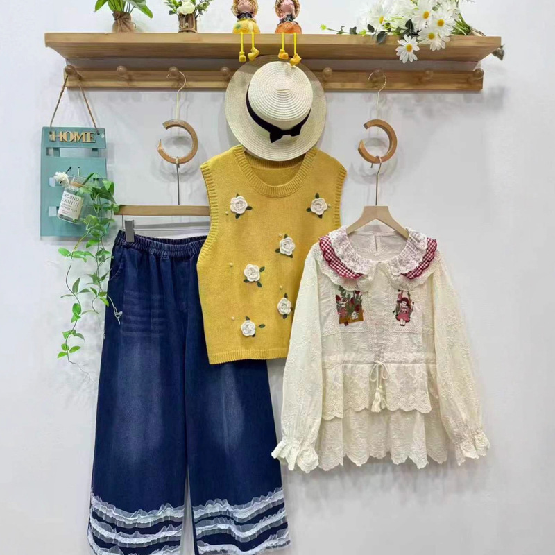 Autumn New Loose Japanese-Style Doll Shirt Linen Cotton Versatile Embroidered Artistic Lace Blouse 825268