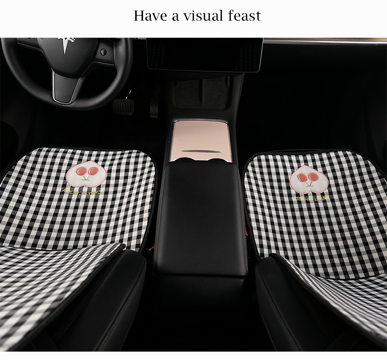 Plaid Cherry Car Cushion Four Seasons Universal Linen Single Piece Goddess Seat Cover Semi-enclosed Breathable Summer Day