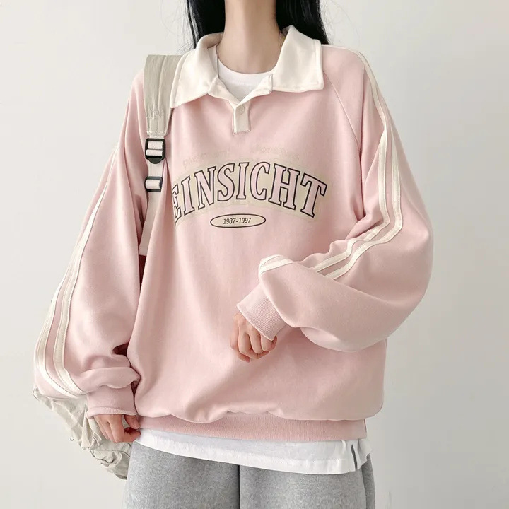 Suit American-Style Korean High Street Polo Collar Fleece-Lined Design Oversize Sweatshirt for Women 2025 Loose Fit Suit American-Style Korean High Street Polo Collar Fleece-Lined Design Oversize Sweatshirt for Women 2025 Loose Fit