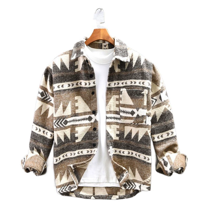 Мужская шерстяная рубашка Ameikaji с начесом в американском стиле с длинными рукавами и принтом, зимняя свободная утолщенная теплая рубашка-куртка