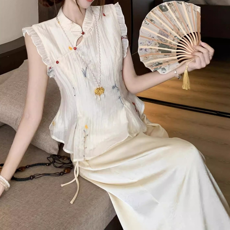 2025夏季新款新中式国风设计感百搭收腰衬衫褶皱休闲裤时尚套装女|undefined