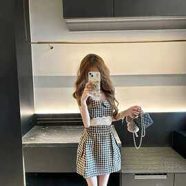 韩系女春夏蕾丝边收腰无袖设计短裙甜妹穿搭娃娃领格子背心连衣裙