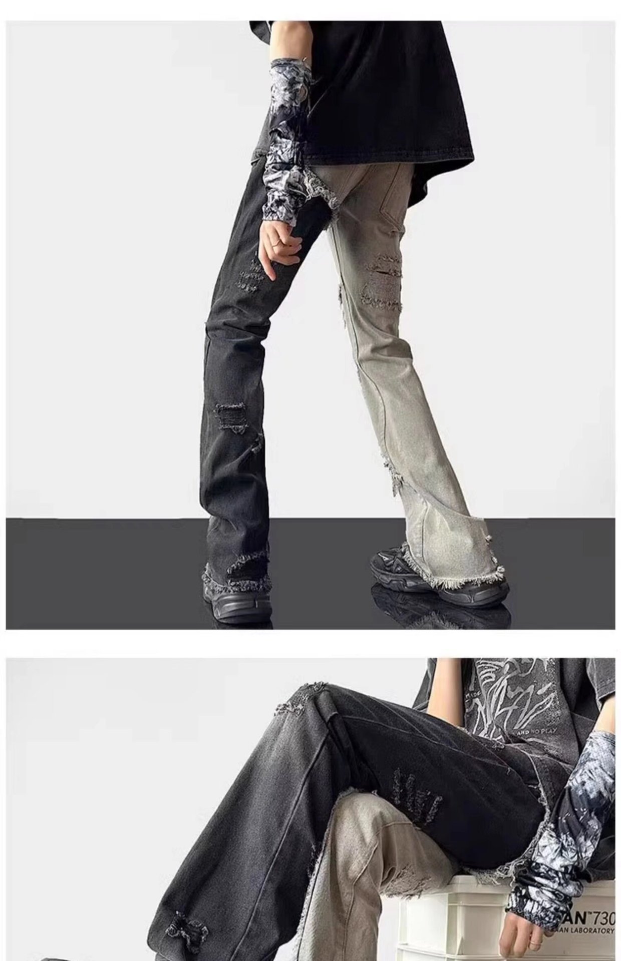 Men's Patchwork Color Block Ripped Jeans High Street Straight_voghion.com
