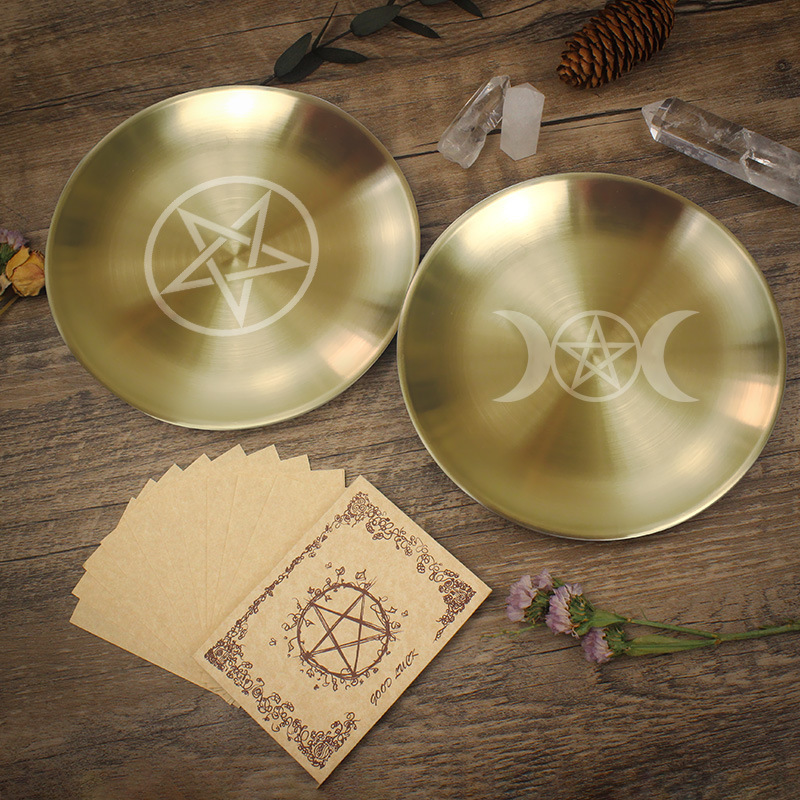 14cm Three-phase Moon Pentagram Ornaments Metal Candle Holder Tarot Ritual Meditation Surrounding Altar Steel Plate
