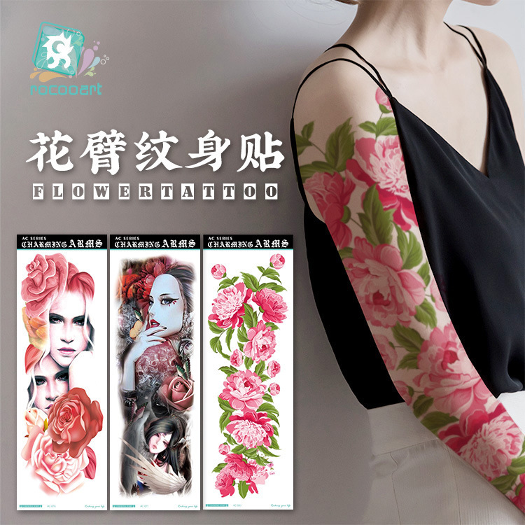 Ac Full Arm Series Rika Long Flower Arm Tattoo Stickers Waterproof Unisex Large Pattern Flower Arm Realistic Tattoo Stickers Wholesale
