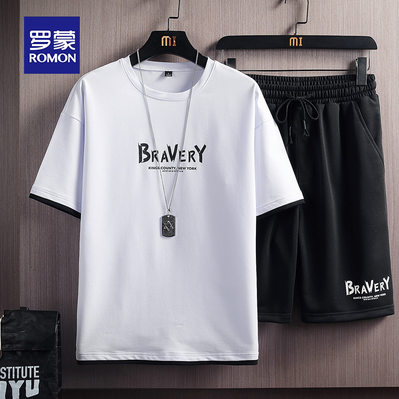 羅蒙カジュアルスーツメンズ夏薄いアイスシルク半袖Tシャツショートパンツスポーツトレンドハンサムマッチングセット|undefined