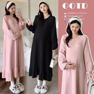 Pregnant Women's Autumn and Winter New Round Neck Pregnant Women's Sweater Dress Lazy Style Thickened Warm All-match Pregnant Women's Knitted Base Skirt