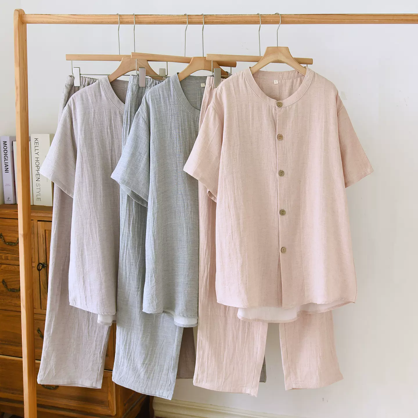 短袖长裤情侣睡衣大码家居服简约风男女士薄款夏季睡衣天丝麻家居