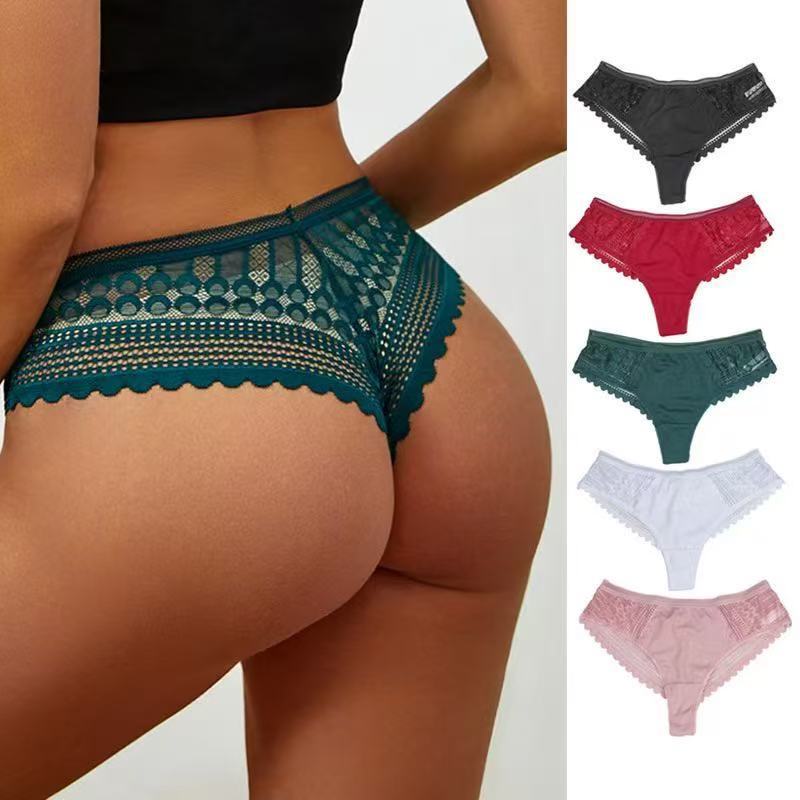 Brazilian Style Ice Silk Lace Girl's Panties with Hollow Design, Sexy Peach-Shaped Half-Coverage Low-Waist Women's Thong with Butt-Lifting Effect