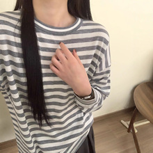 亚马逊跨境秋季定制爆款条纹针织衫定制真丝羊毛长袖宽松圆领