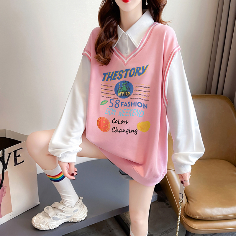 長袖Tシャツ 女の子用 2025年春夏新作 中学生・高校生 カレッジ風 フェイクツーピース 薄手ポロスウェットシャツ|undefined