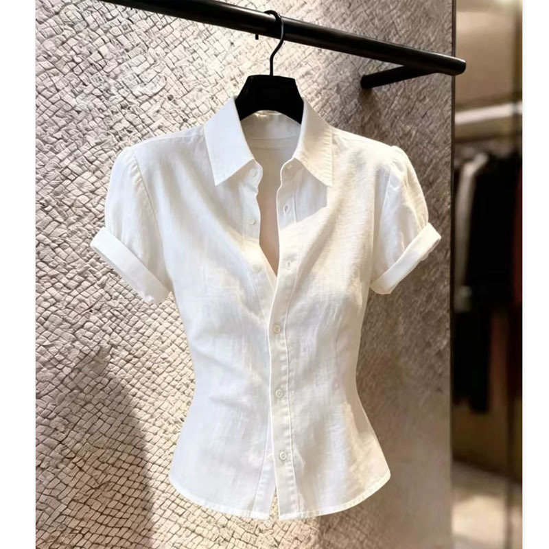 White Slim-Fit Button-Down Short-Sleeve Collared Shirt for Women, 2026 Summer High-End Light Luxury Gentle Style Top