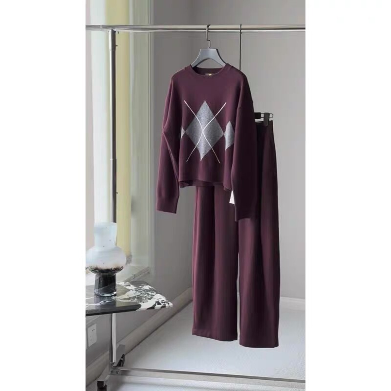 Winter with a set of salt light cooked little Korean high-grade rhombus jacket wide leg pants two-piece suit