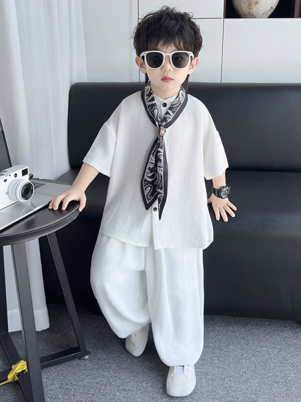 童装男童夏季套装2025新款儿童白色短袖衣服男宝宝夏装帅气衬衫潮|undefined