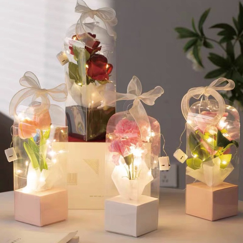 圣诞节花盒永生花包装盒手提透明灯塔插花pvc单只玫瑰花束包装